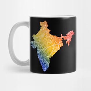 Colorful mandala art map of India with text in blue, yellow, and red Mug